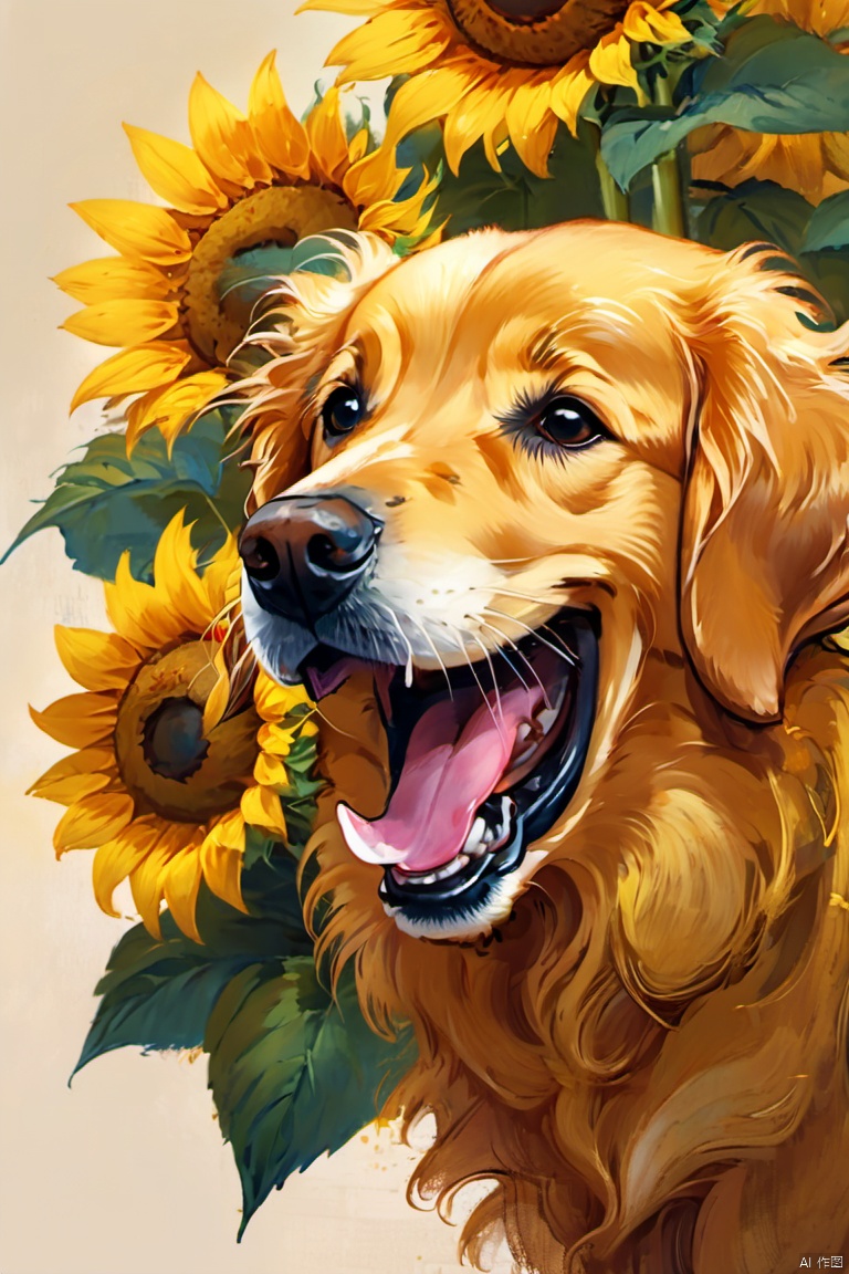 AP, no humans, flower, realistic, animal focus, animal, dog, blurry, sunflower, whiskers, fangs, blurry background, mouth hold, Golden Retriever, 