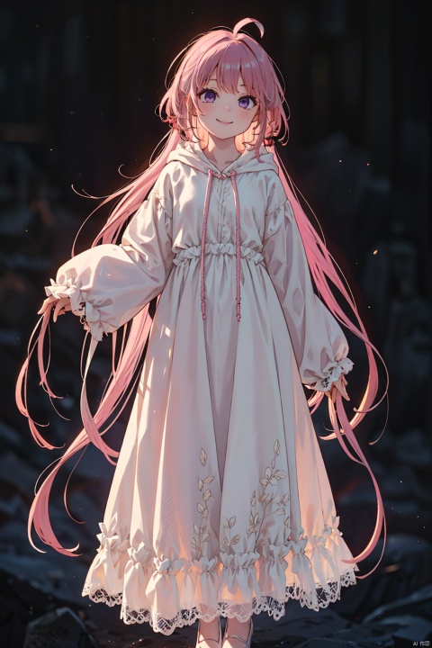 1girl, ahoge, black_background, dress, full_body, hood, long_hair, long_sleeves, looking_at_viewer, pink_hair, purple_eyes, sleeves_past_fingers, sleeves_past_wrists, smile, very_long_hair, white_dress