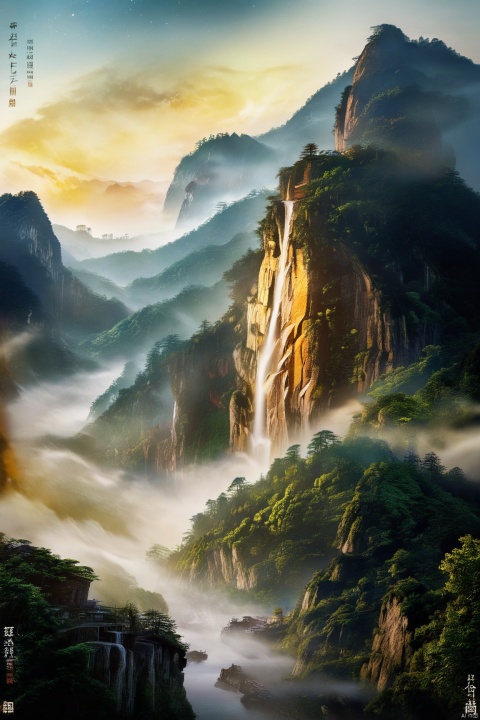 Majestic New Chinese art style masterpiece: 'Golden Moon on Lushan Mountain'. A breathtaking 8K scene unfolds as layers of mountains converge, with a majestic waterfall cascading down the central peak. The golden moon hangs suspended in mid-air, radiating a warm glow amidst the misty veil. Cinematic lighting effects cast long shadows, emphasizing the textures of ancient trees and rugged rock formations. Every detail is meticulously rendered, from the intricate foliage to the subtle play of light on the water's surface, creating a stunning 8KUCG wallpaper that demands attention.,qinglv
