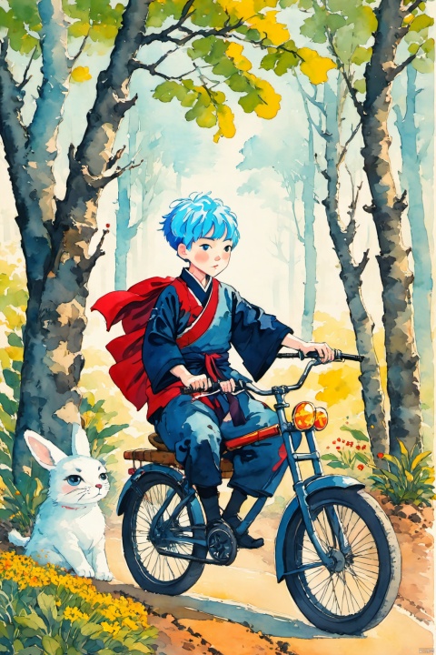  ink-painting,parody,fine art parody,riding,bicycle,ground vehicle,male focus,1boy,weapon,sword,black hair,tree,outdoors,multiple boys,faux traditional media,chinese clothes,instrument,blue hair,flower,sheath,solo,,