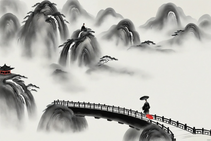 Ultra-high quality, Leave a lot of white space, Chinese architecture, Rain, Distant mountain, Rivers, Pedestrians holding umbrellas, Prospect, Overlooking, Chinese style painting, Qi Baishi style