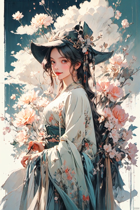  1 Girl, ancient Chinese clothing, riches, a smile, headwear, gems, fairy, satin, streamers, clouds, sunshine, light green background, masterpieces, winter, With a flower in his mouth, TT