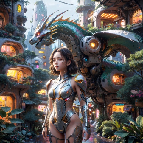 {{master piece}},best quality,illustration,1girl,small breast,beatiful detailed eyes,beatiful detailed cyberpunk city,flat_chest,beatiful detailed hair,wavy hair,beatiful detailed steet,mecha clothes,robot girl,cool movement,sliver bodysuit,{filigree},dargon wings,colorful background,a dragon  stands behind the girl,rainy days,{lightning effect},beatiful detailed sliver dragon arnour,（cold face）