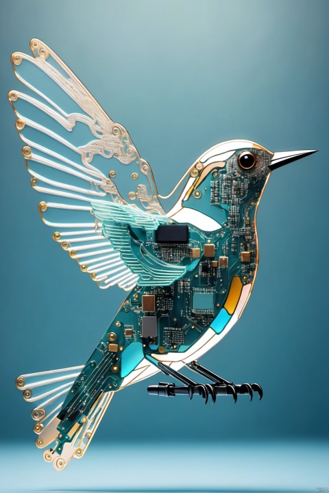 Seven transparent bird made out of circuitboard, in a sky, flying side view, looks beautiful and aesthetic, an android robot feeding them, soothing, real picture