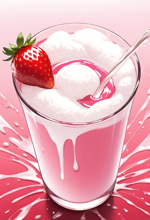 Splashing liquid, falling fruit,A photo of a strawberry milk mixture presents a visual beauty and appeal. Bright colors, mixed with elements of strawberry and milk. The center of the drink is pale pink strawberry juice mixed with some fresh strawberry pulp, while the surrounding is white milk foam,