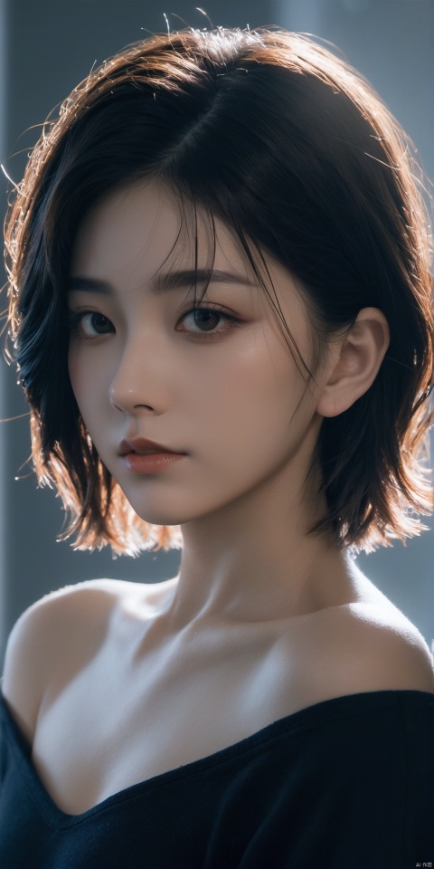  Best quality, masterpiece, ultra high res, (photorealistic:1.5), raw photo, 1girl, offshoulder, in the dark, deep shadow, low key, cold light, sexy look, short hair,xxmixgirl,yinglight