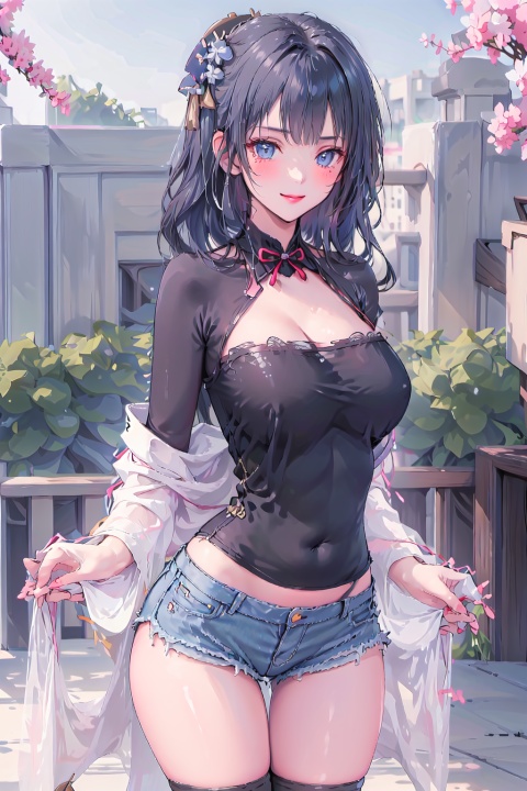  a masterpiece, extremely detailed CG uniform 8k wallpaper,best quality, (looking_at_viewer: 1.4),button up_shirt,curly hair,black hair,lipstick,face painting, (denim_shorts: 1.4),1 girl,solo, smile,long blushing,black stockings, leggings, shirt_lift, shidudou