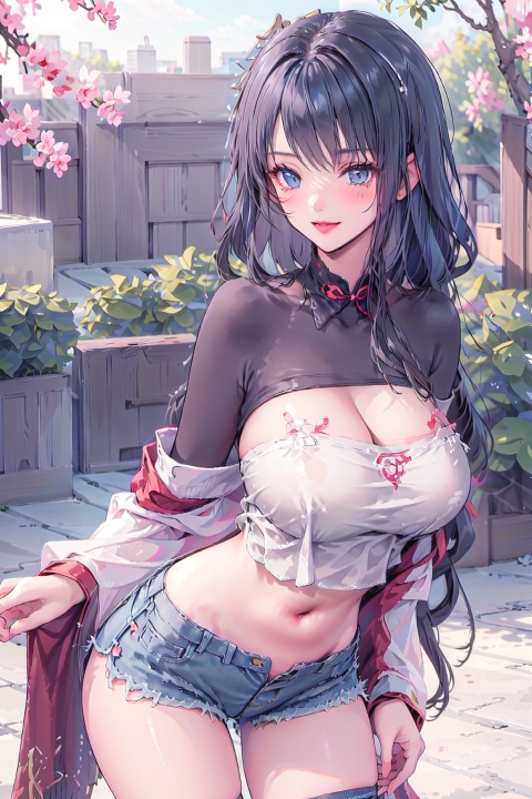  a masterpiece, extremely detailed CG uniform 8k wallpaper,best quality, (looking_at_viewer: 1.4),button up_shirt,curly hair,black hair,lipstick,face painting, (denim_shorts: 1.4),1 girl,solo, smile,long blushing,black stockings, leggings, shirt_lift, shidudou