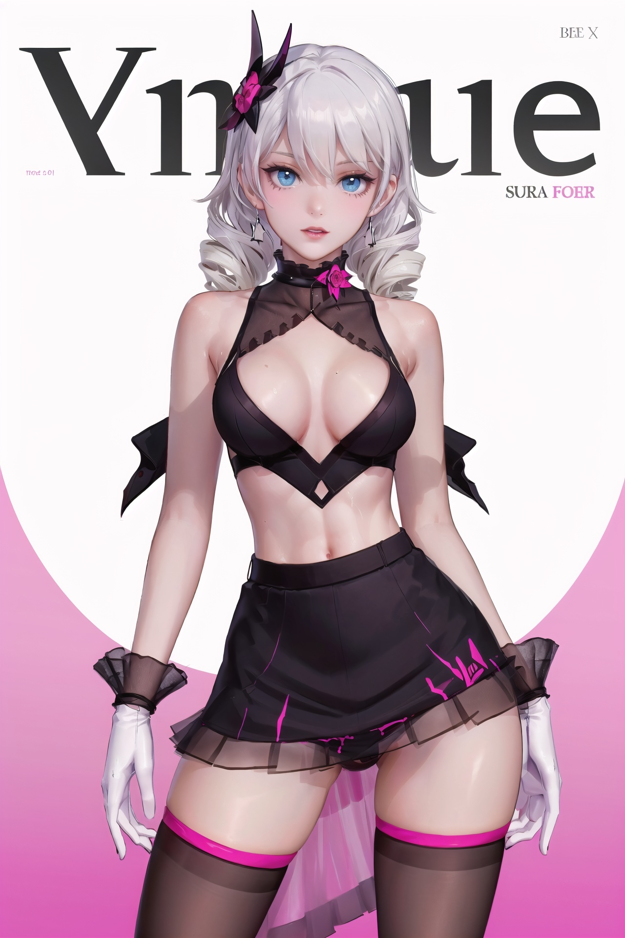 
best quality), (ultra detailed), ((masterpiece)), sfw,consored,illustration, ray tracing,contrapposto, female focus,model, /////////////////// (geji: geji, pink stockings, black skirt, twin drills, pink thigh-high stockings, white gloves, see-through:1.1), blue eyes, long white hair, bangs,, ////////////////////////// sexy, fine fabric emphasis,wall paper, crowds, fashion, Lipstick, depth of field, street, in public,(Magazine cover:1.2),(title),(Magazine cover-style illustration of a fashionable woman), posing in front of a colorful and dynamic background. (The text on the cover should be bold and attention-grabbing, with the title of the magazine and a catchy headline).