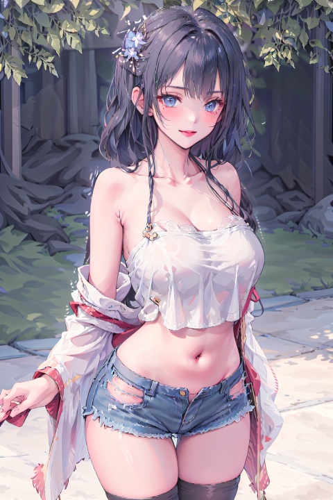  a masterpiece, extremely detailed CG uniform 8k wallpaper,best quality, (looking_at_viewer: 1.4),button up_shirt,curly hair,black hair,lipstick,face painting, (denim_shorts: 1.4),1 girl,solo, smile,long blushing,black stockings, leggings, shirt_lift, shidudou