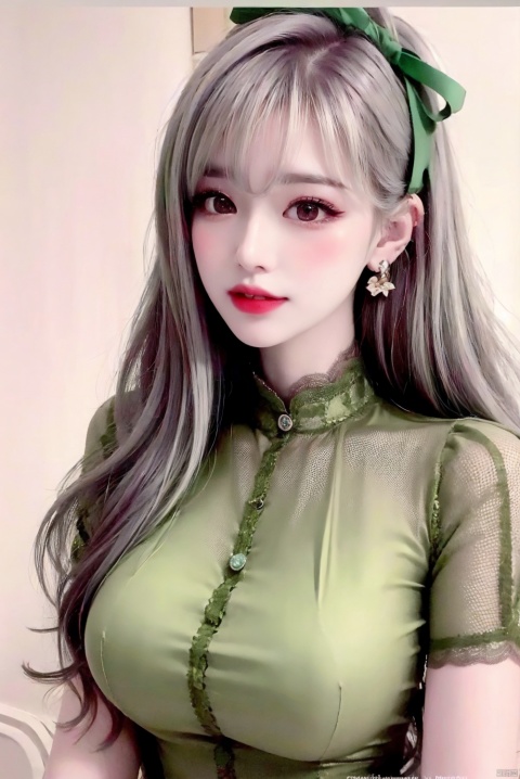 (1 girl), sweet, long hair, white hair, [big green bow] on her head, exquisite cherry earrings, dreamy, bright eyes, delicate mouth, brown eyes, perfect figure, fashion trend, green Lolita shirt Palace-style lace dress, pure white background, shut up, ultra-clear, high-definition picture, front