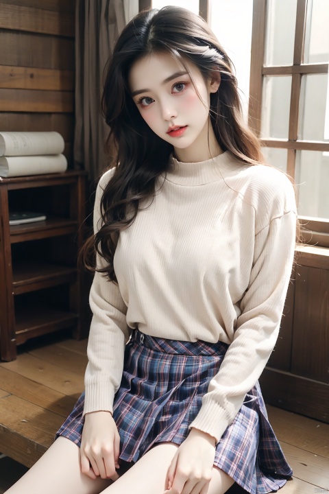  masterpiece, best quality, 1girl, solo, underwear, panties, long hair, realistic, sweater, brown hair, flower, sitting, white panties, no pants, window, sunlight, blinds, lips, looking at viewer, clothes lift,pantyhose, 21yo girl, pantyhose, 3DMMD, qingyi, skirt_lift, skirt, ll-hd