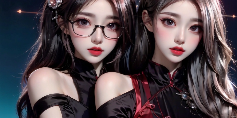  Dimensional Armory,wearing black and red, Anime girl in bare-shoulder dress,with long white hair,wearing black glasses frame,glowing pink special effects,gradient blue and pink Lights,light blue background,rich details,Expose the mechanical mask of the eyes,ultra high resolution,32K UHD,best quality,masterpiece, 1girl