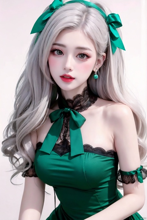 (1 girl), sweet, long hair, white hair, [big green bow] on her head, exquisite cherry earrings, dreamy, bright eyes, delicate mouth, brown eyes, perfect figure, fashion trend, green Lolita shirt Palace-style lace dress, pure white background, shut up, ultra-clear, high-definition picture, front