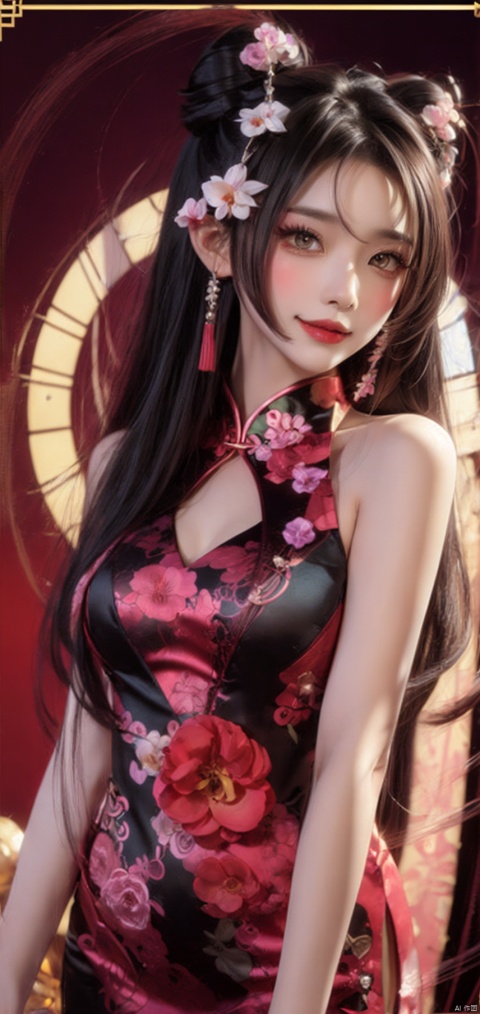 (1girl) ,lion dance:1.3,Chinese dragon print,Plum print,chinese text,
Lunar New Year,looking at viewer,blush , drum,
smile,
yellow eyes,[black_china dress|flower_print}, Plush,crossed bangs, long hair, white hair:1.1,double_bun,hair flower,
light:1.3,Chinese dragon print, vendors,Purple orchids:1.7,
red background,
,cool,Illustration:1.2,absurdres,multicolored background,imagining,bust:1.3,Chinese ink style:1.7,This is written yesterday