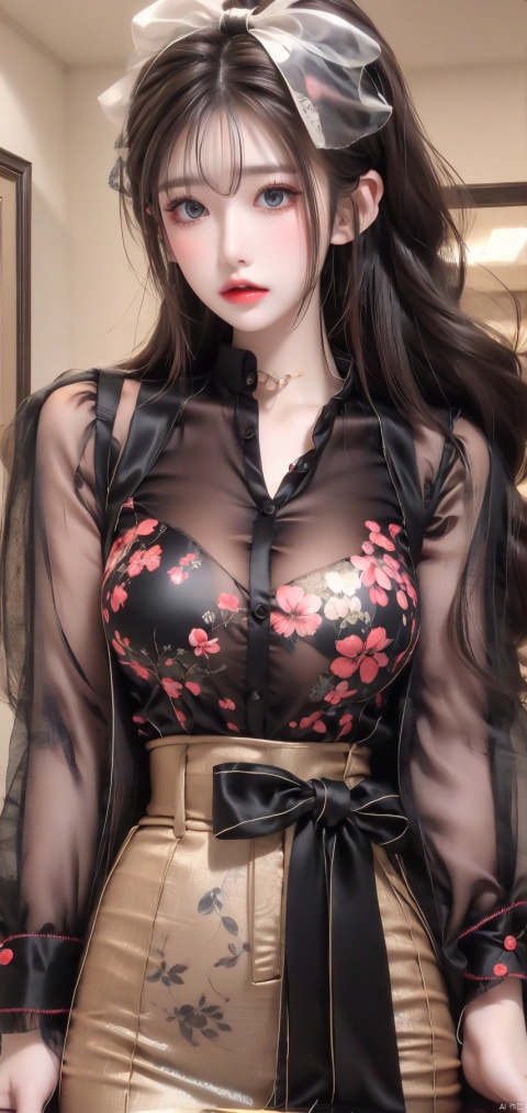 1girl, solo, long hair, breasts, skirt, simple background, brown hair, shirt, long sleeves, white background, cleavage, jewelry, medium breasts, collarbone, black skirt, necklace, see-through, floral print, suspenders, grey shirt, high-waist skirt, head out of frame, suspender skirt, brown shirt