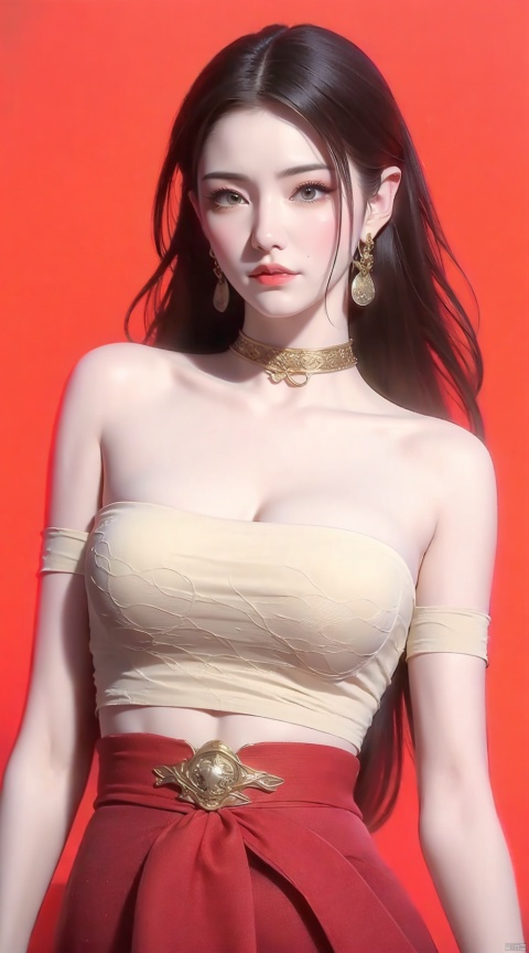 1girl, yuechan红色花边蕾丝连体内衣,长发,大等胸部胸,肚子上纹身,项链,sweater around waist, red theme