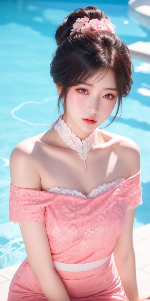Asian girl photo, shoulder length white hair clip with a pinch of red, pink lace around the neck, extremely beautiful facial details and eyes, clear and three-dimensional facial features, 32K,Sitting by the pool,Blackhair,Different colored clothes,