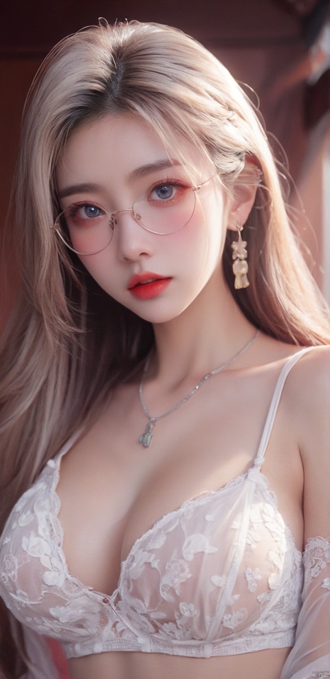  1girl, solo, long hair, breasts, looking at viewer, blue eyes, large breasts, dress, cleavage, bare shoulders, jewelry, white hair, earrings, parted lips, glasses, necklace, round eyewear, red lips,Lace underwear,Body proportionsperfect, all over, liuguang, Black 8D glossy stockings, (\meng ze\),Lace straps of different colors