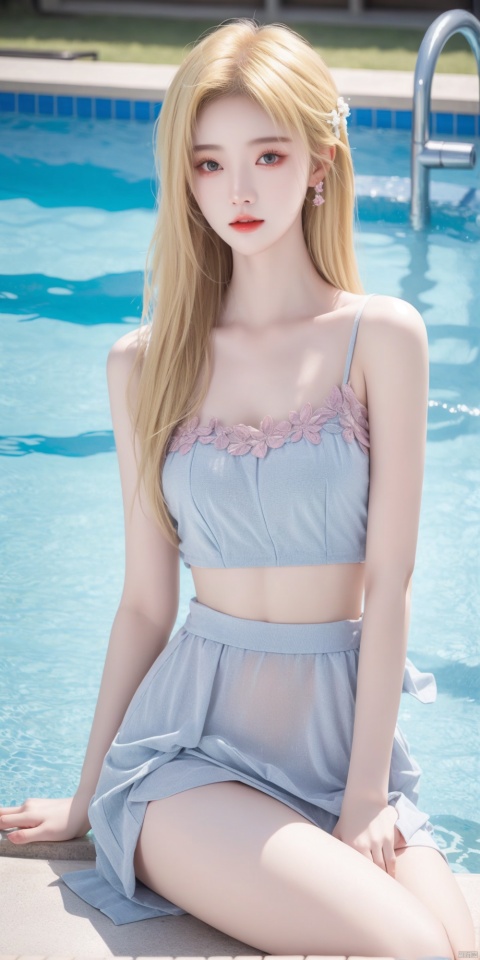 Clothes of different colors, blonde hairSitting in the pool, jujingyi