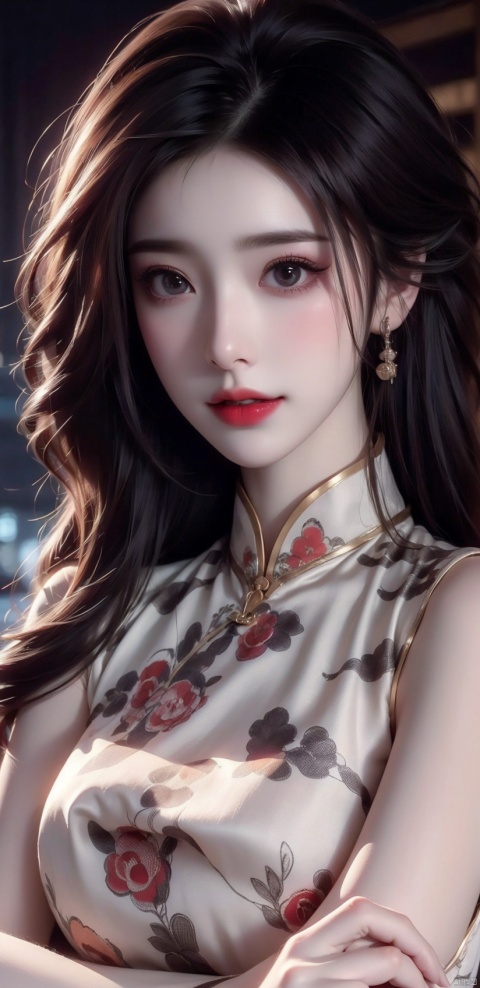 1girl,(wearing a sleeveless cheongsam:1.2),(in Shanghai city:1.2),(RAW photo, best quality),(realistic, photo-realistic:1.4),masterpiece,an extremely delicate and beautiful,extremely detailed,2k wallpaper,Amazing,finely detail,extremely detailed CG unity 8k wallpaper,ultra-detailed,highres,soft light,beautiful detailed girl,extremely detailed eyes and face,beautiful detailed nose,beautiful detailed eyes,cinematic lighting,perfect anatomy,(slim body:1.3),long hair,(black hair:1.2),city lights at night,smiling,crossed arms,((poakl)),,