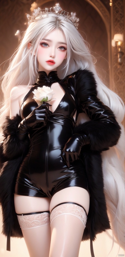 1girl, solo, long hair, looking at viewer, gloves, long sleeves,  holding, flower, white hair, shorts, black gloves, coat, grey eyes, rose, crown, white flower, white rose,Cold beauty, Black 8D glossy stockings