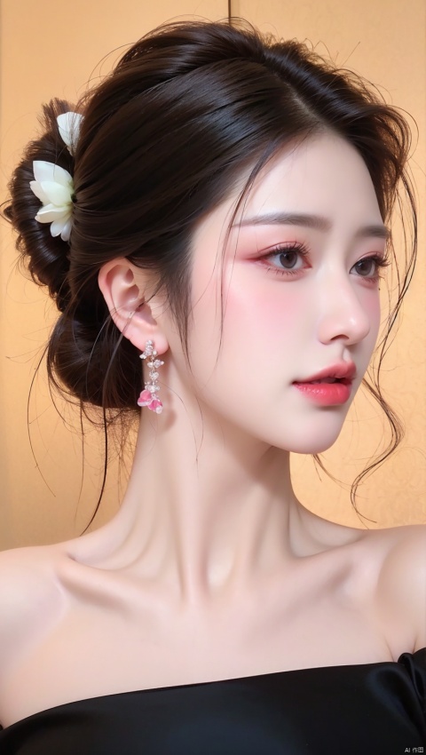  1girl, solo, black hair, short hair, jewelry, realistic, earrings, hair ornament, black eyes, lips, collarbone, parted lips, flower, watermark, upper body, portrait, hair flower, dress, web address, looking awayirt