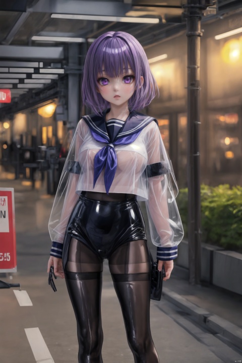 purple hair, purple eyes, white cpdd, latex transparent, solo, transparent, sailor suit, shiny, greasy, 1girl, bust, greasy clothes, complete outfit, layering, latex stockings, color photo, 4K, transparent tights, bright, color, transparent tights