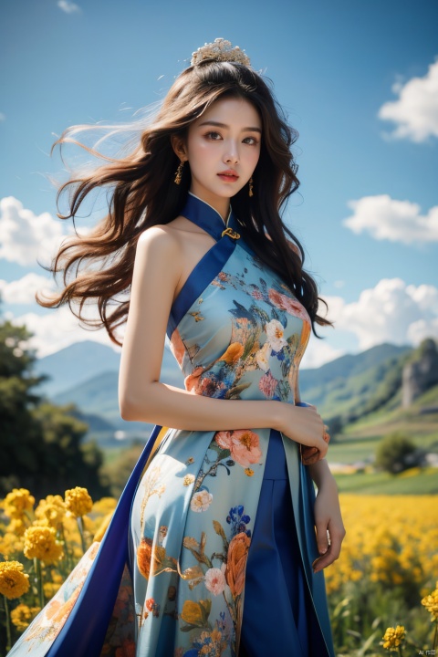  An elegant woman, dressed in an orange suit with wavy hair, stood in a field of flowering rape flowers against a background of blue sky and white clouds. The Breeze made the corners of her clothes and hair flutter slightly, famous artist, Master of light art painting, high definition photography, cover design, xiqing, (\meng ze\), Ink scattering_Chinese style, eluosi