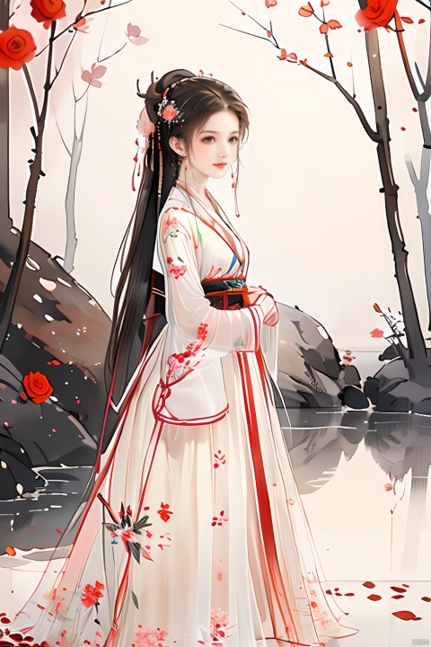  masterpiece,best quality,colorful inkpainting, a cute girl with antlers, brown hairs, flower, solo, butterfly, long hair, hair ornament, realistic,jewelry, earrings, hanfu, chinese clothes, rose,full body,standing,outdoors
