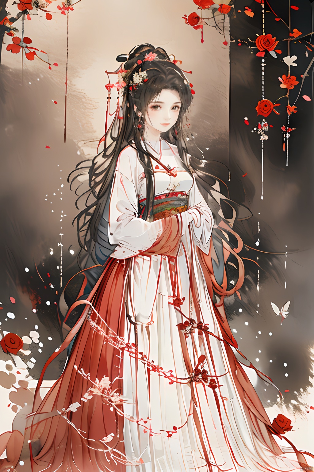  masterpiece,best quality,colorful inkpainting, a cute girl with antlers, brown hairs, flower, solo, butterfly, long hair, hair ornament, realistic,jewelry, earrings, hanfu, chinese clothes, rose,full body,standing,outdoors
