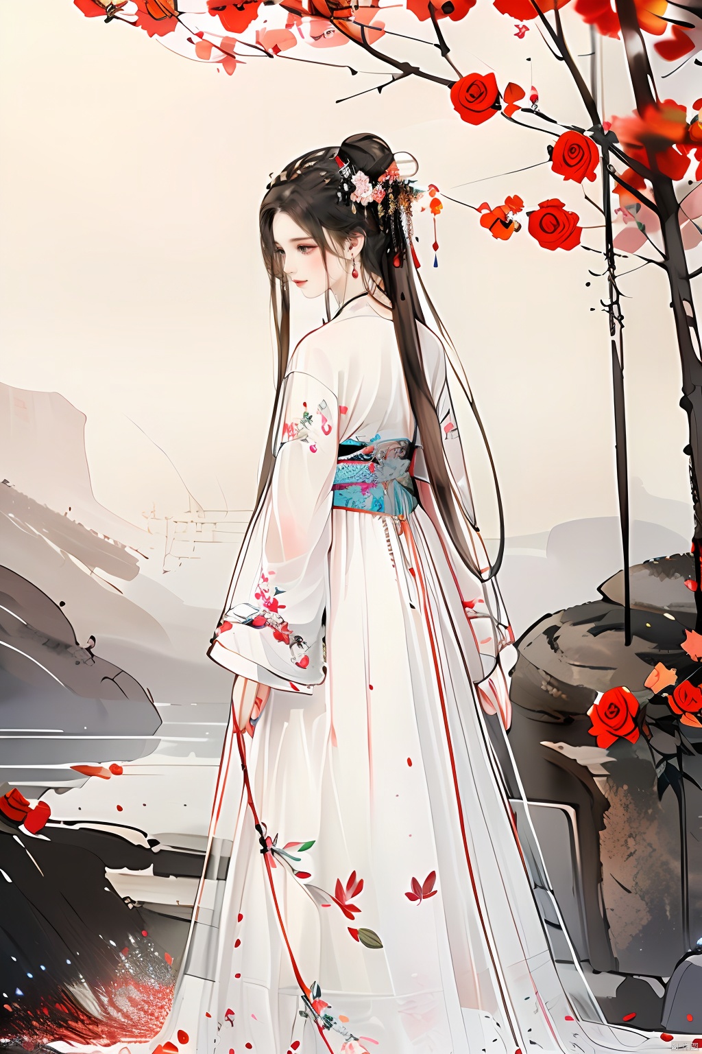  masterpiece,best quality,colorful inkpainting, a cute girl with antlers, brown hairs, flower, solo, butterfly, long hair, hair ornament, realistic,jewelry, earrings, hanfu, chinese clothes, rose,full body,standing,outdoors
