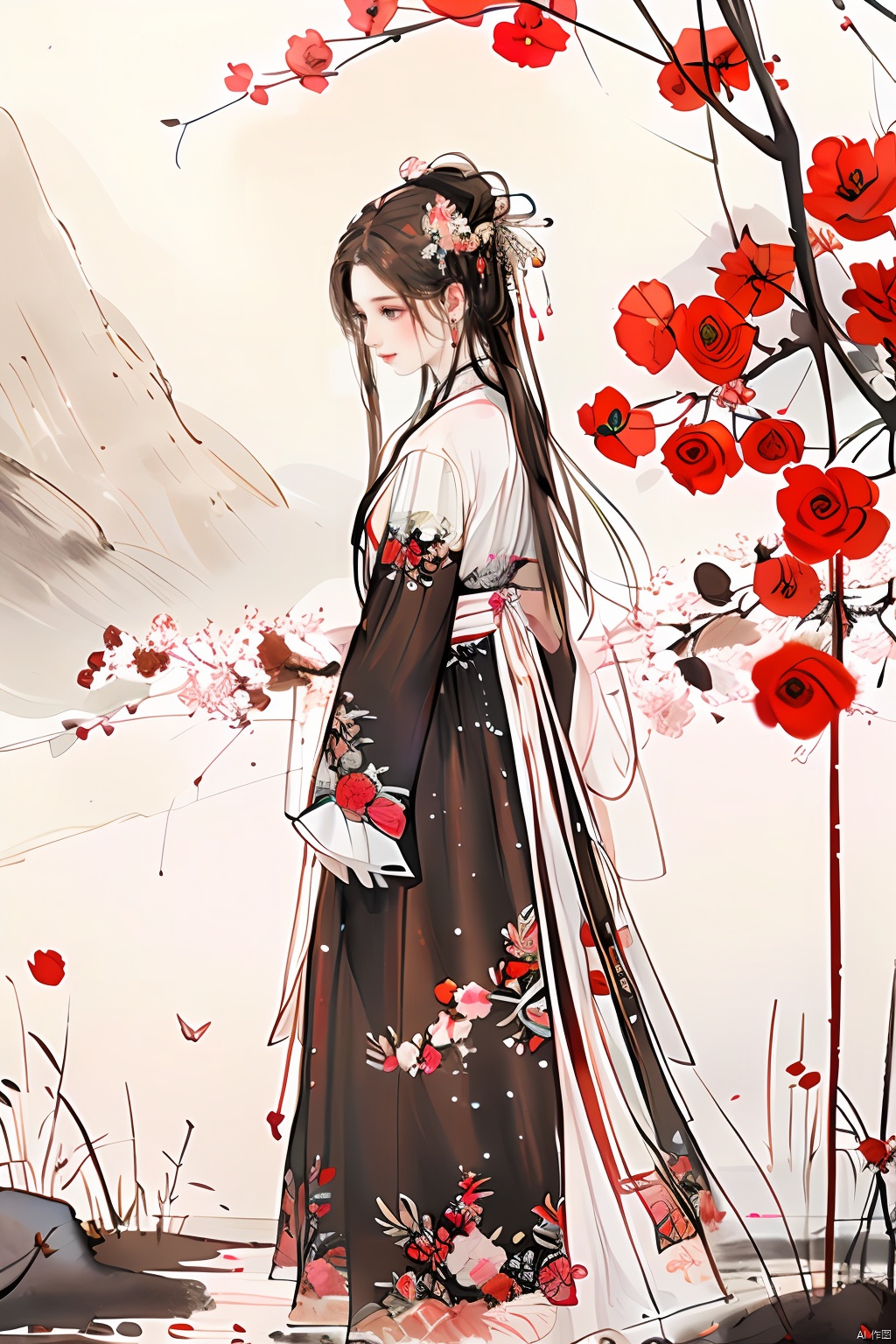  masterpiece,best quality,colorful inkpainting, a cute girl with antlers, brown hairs, flower, solo, butterfly, long hair, hair ornament, realistic,jewelry, earrings, hanfu, chinese clothes, rose,full body,standing,outdoors
