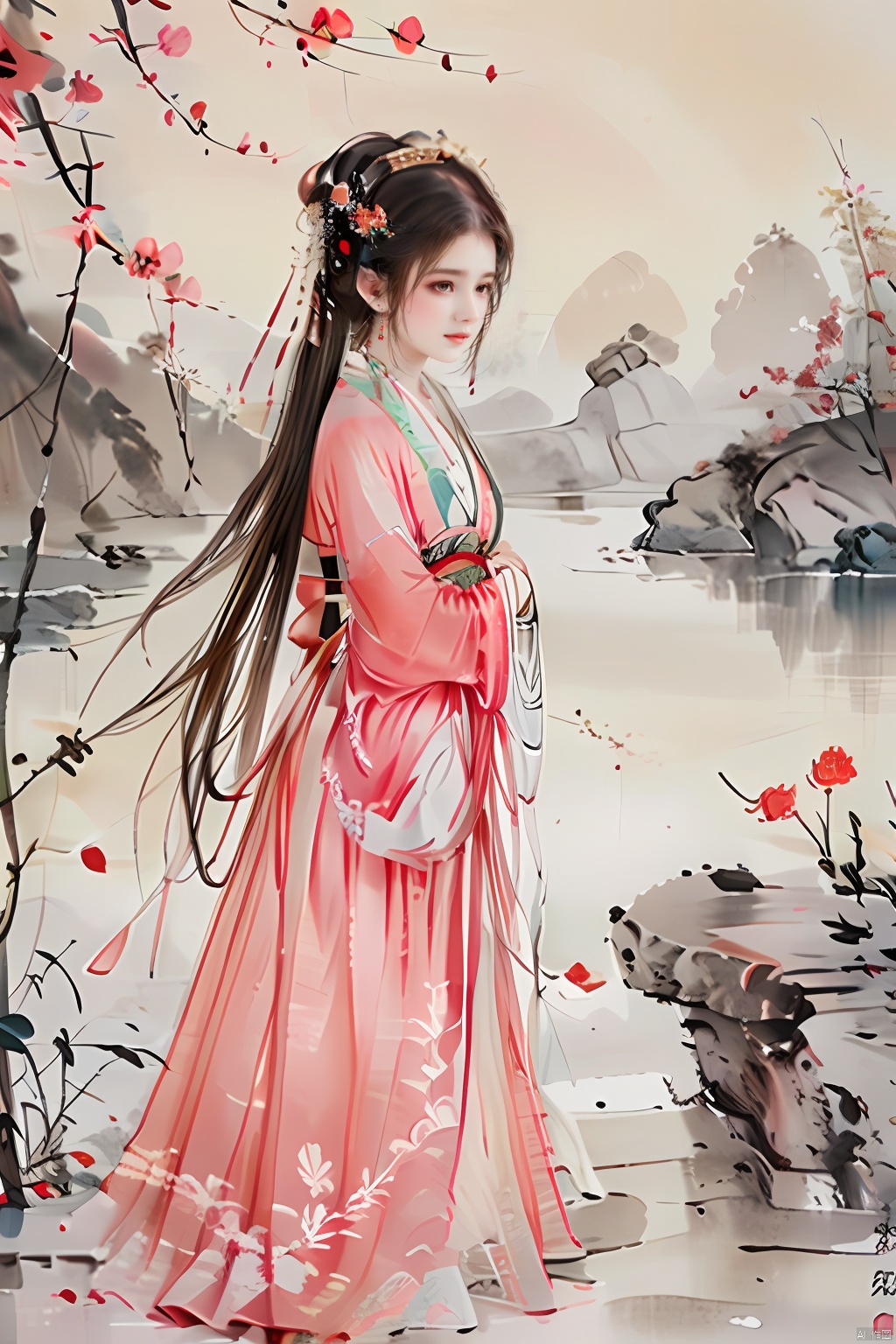  masterpiece,best quality,colorful inkpainting, a cute girl with antlers, brown hairs, flower, solo, butterfly, long hair, hair ornament, realistic,jewelry, earrings, hanfu, chinese clothes, rose,full body,standing,outdoors
