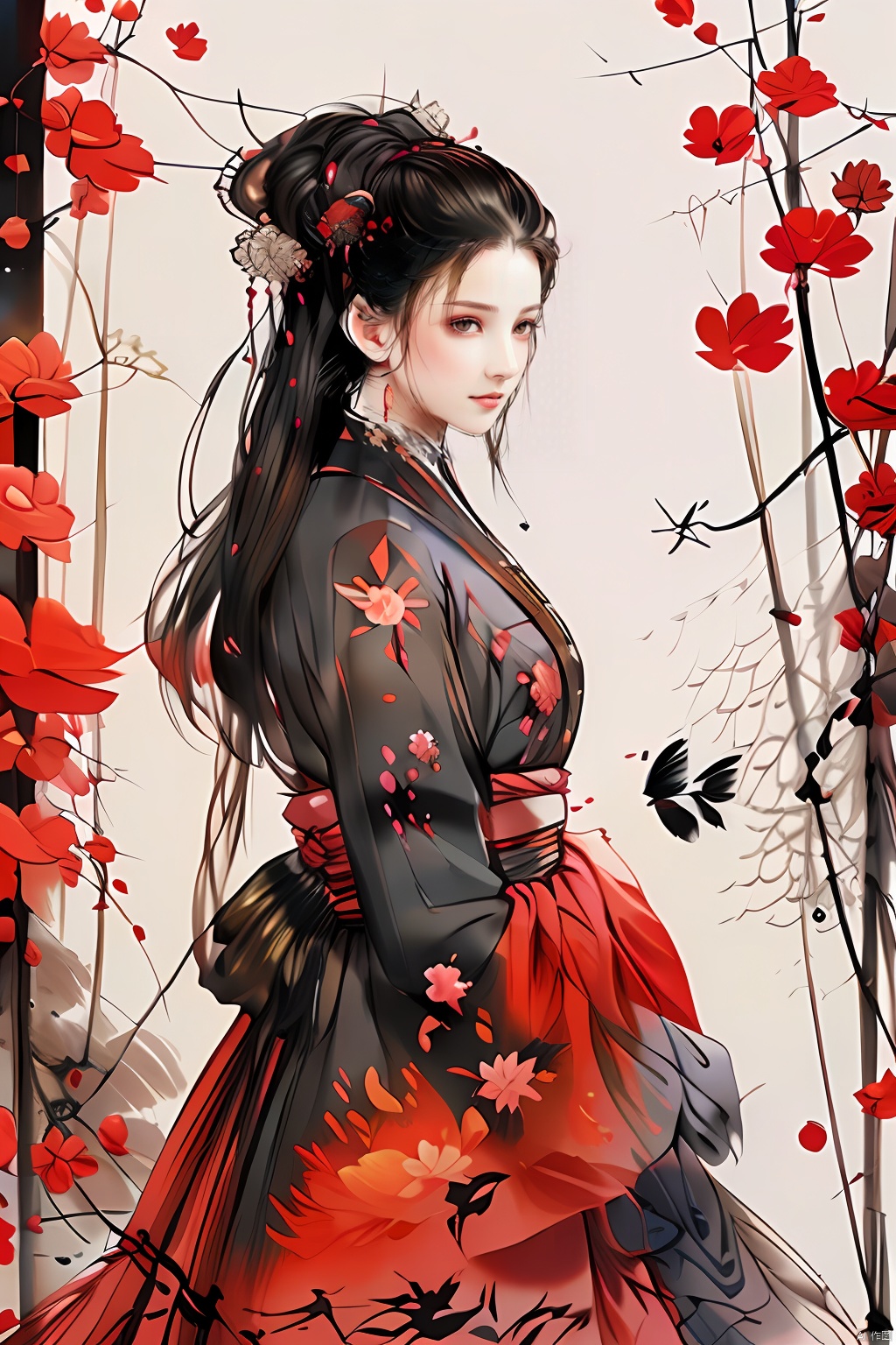  masterpiece,best quality,colorful inkpainting, a cute girl with antlers, brown hairs, flower, solo, butterfly, long hair, hair ornament, realistic,jewelry, earrings, hanfu, chinese clothes, rose,full body,standing,outdoors
