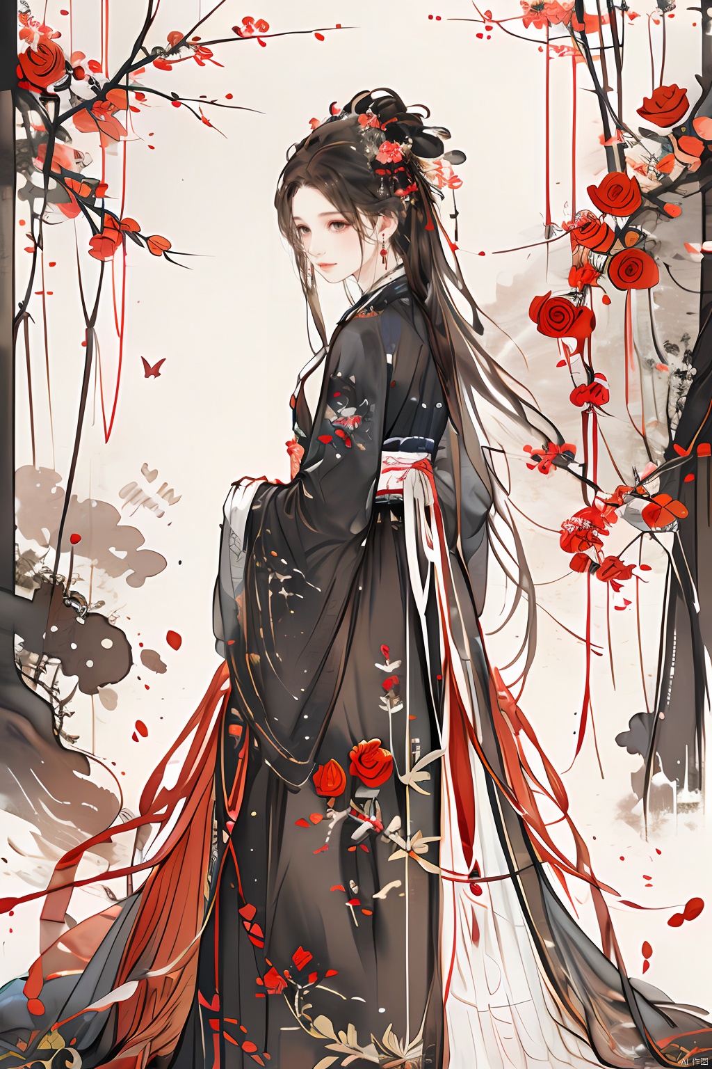  masterpiece,best quality,colorful inkpainting, a cute girl with antlers, brown hairs, flower, solo, butterfly, long hair, hair ornament, realistic,jewelry, earrings, hanfu, chinese clothes, rose,full body,standing,outdoors
