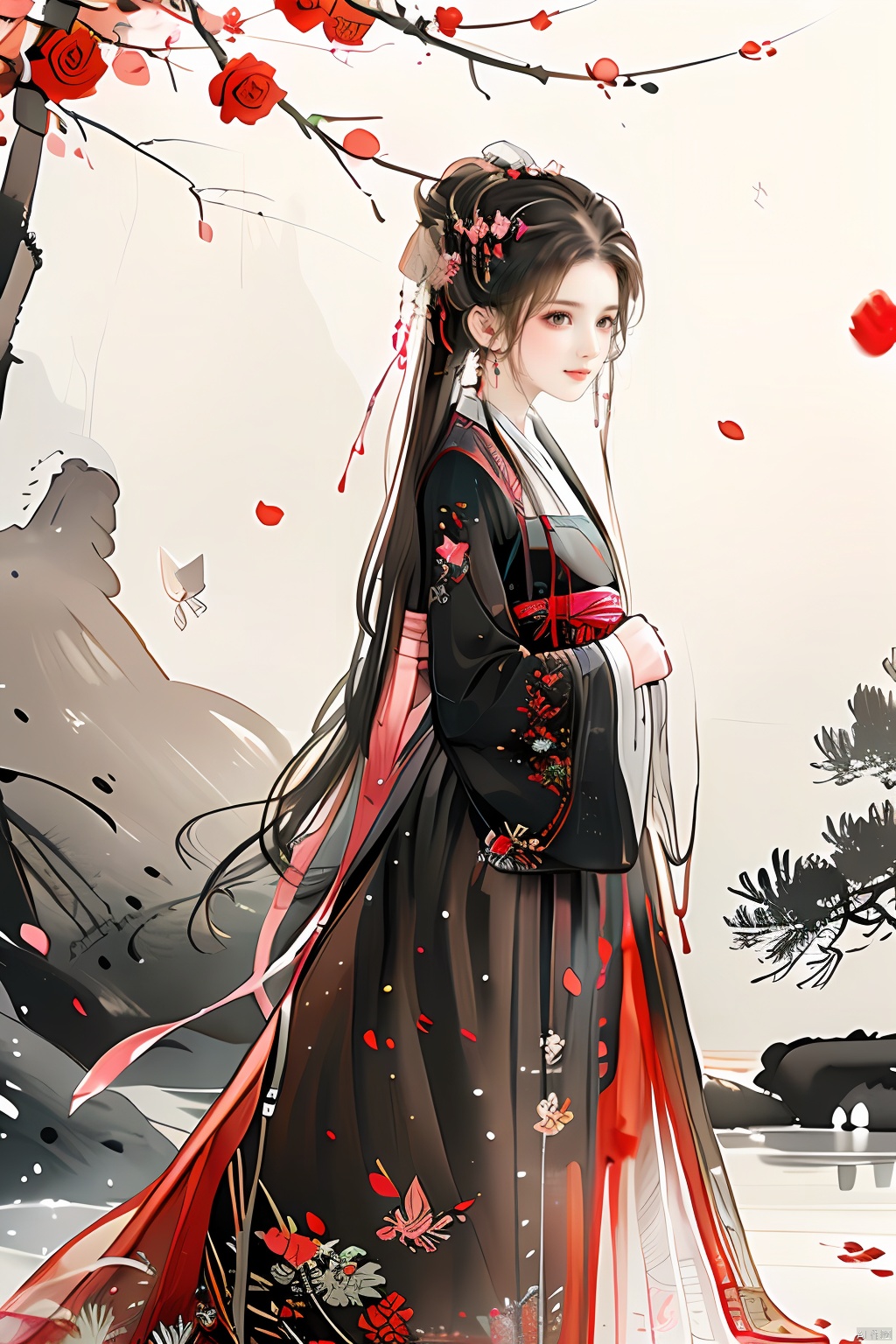  masterpiece,best quality,colorful inkpainting, a cute girl with antlers, brown hairs, flower, solo, butterfly, long hair, hair ornament, realistic,jewelry, earrings, hanfu, chinese clothes, rose,full body,standing,outdoors
