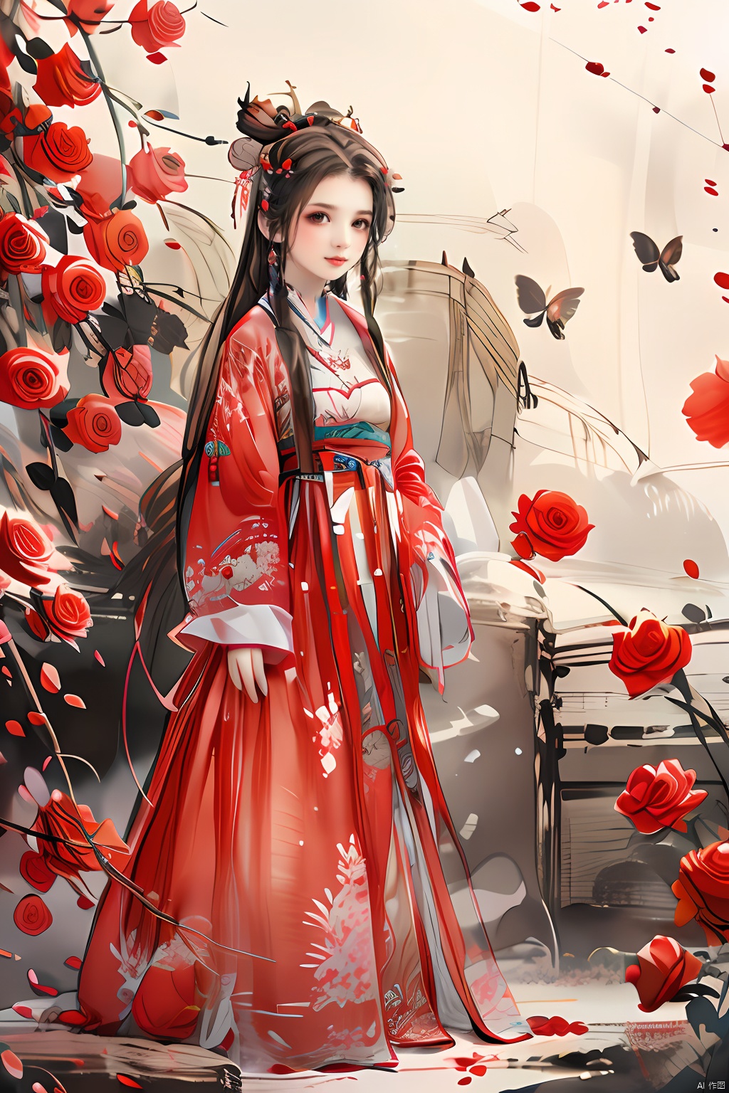  masterpiece,best quality,colorful inkpainting, a cute girl with antlers, brown hairs, flower, solo, butterfly, long hair, hair ornament, realistic,jewelry, earrings, hanfu, chinese clothes, rose,full body,standing,outdoors
