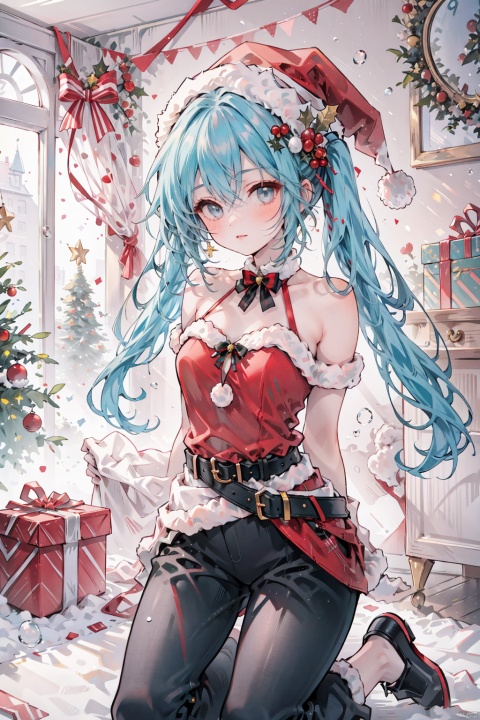 (8k, RAW photo, best quality, masterpiece: 1.2),
, ultra-detailed,
1 Girl, Portrait, Solo, Earrings, Jewelry, Collarbone, Upper Body, Red Lips, (White Skin), (Jewelry, Kneel, Skin Glory, Santa Claus Costume, Fur Trim Dress, Christmas Pants, Christmas Shoes, Christmas Gloves, Christmas Tree, Belt, Santa's Hat), Arms Behind the Back, Looking at the Audience, SD, LL-HD, (Many Bubbles: 1.25), Color, (Hatsune Miku: 1)