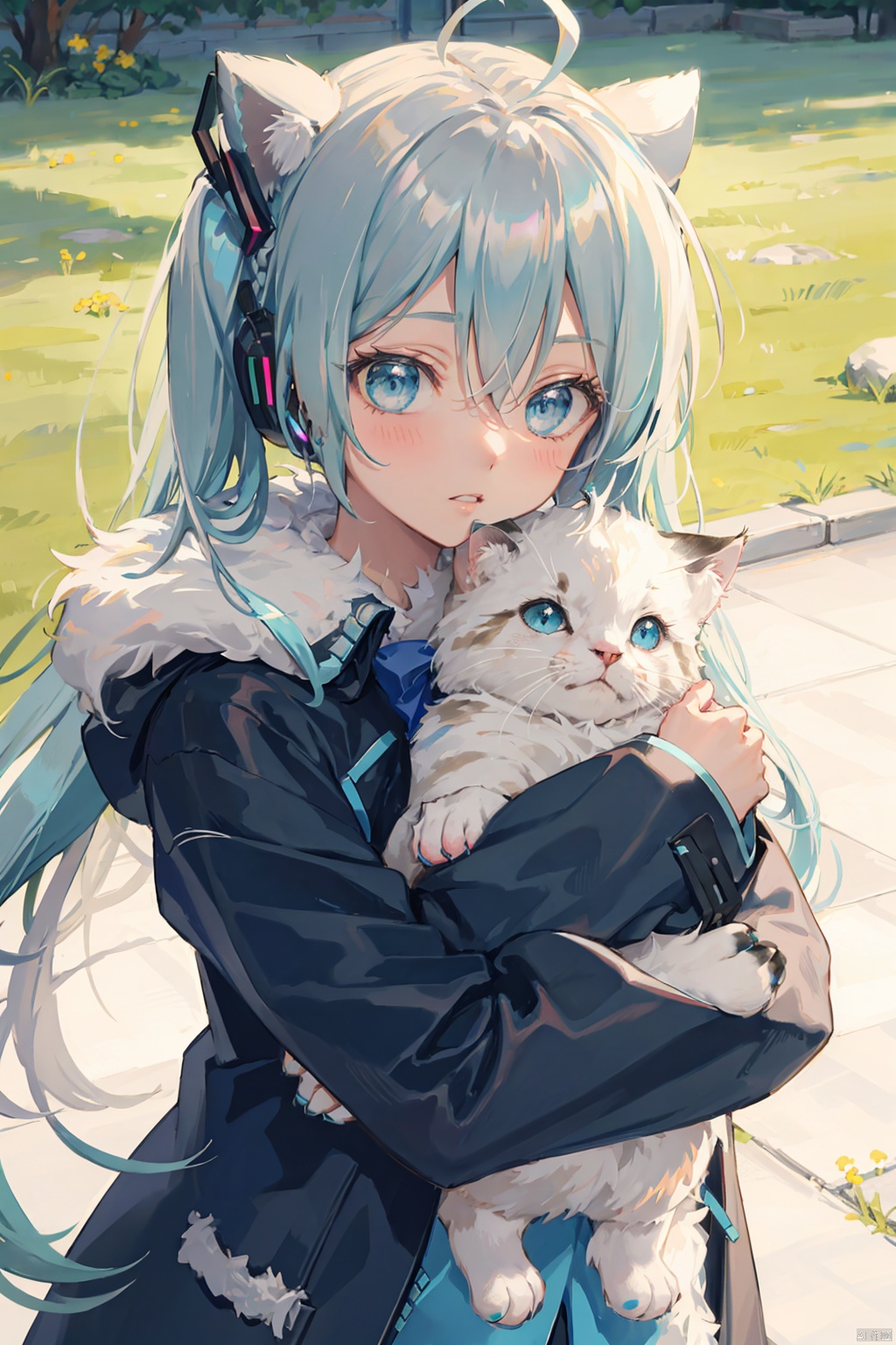  1girl, blue eyes, blush, animal, long hair, looking at viewer, bangs, solo, parted lips, upper body, ahoge, braid, fur trim, long sleeves, holding animal, blurry, outdoors, hair between eyes, holding, blurry background, jacket, cat, animal hug, coat, sleeves past wrists, grey hair, day, depth of field, fur-trimmed coat, bow, hair bow,(Hatsune Miku)