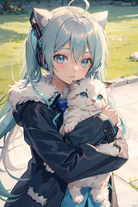  1girl, blue eyes, blush, animal, long hair, looking at viewer, bangs, solo, parted lips, upper body, ahoge, braid, fur trim, long sleeves, holding animal, blurry, outdoors, hair between eyes, holding, blurry background, jacket, cat, animal hug, coat, sleeves past wrists, grey hair, day, depth of field, fur-trimmed coat, bow, hair bow,(Hatsune Miku)