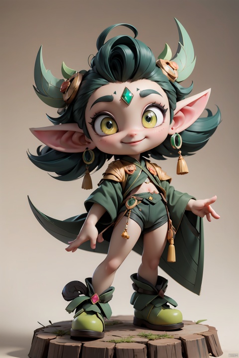 masterpiece, best quality, expressive yellow eyes with black pupils, large pointed ears with green tips, a single yellow dot or gem in the center of its forehead, and small arms with three fingers each colored in green. The model should be smiling to add to its friendly and cute appearance.