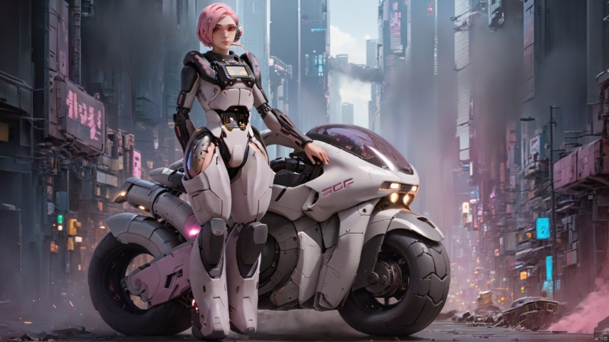  1 girl, solo, short hair, pink split short hair, pink eyes, elegant, sci-fi style, pink hair, bodysuit, cyberpunk style, wearing a white mech and pink goggles,Immersed in an open wilderness, towering buildings in the cyberpunk style remain in place, causing dazzling pollution