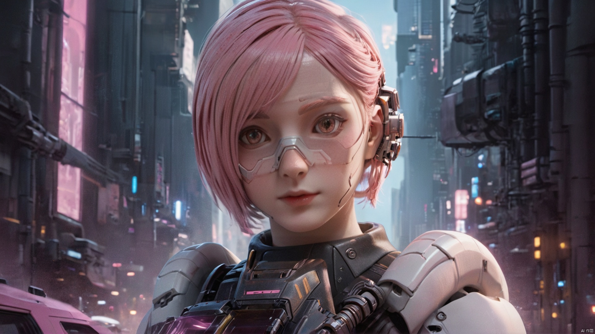  (masterpiece, top quality, best quality, beautiful and aesthetic:1.2),photo realistic, cinematic scene,advanced digital art,cyberpunk,lens flare,atmosphere,glow,detailed,intricate,1 girl, solo, short hair, pink split short hair, pink eyes, elegant, sci-fi style, pink hair, bodysuit, cyberpunk style, wearing a white mech and pink goggles,Immersed in an open wildernessThe towering buildings in the distance are faintly visible, Lida