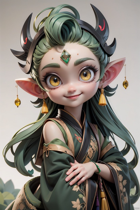  masterpiece, best quality, expressive yellow eyes with black pupils, large pointed ears with green tips, a single yellow dot or gem in the center of its forehead, and small arms with three fingers each colored in green. The model should be smiling to add to its friendly and cute appearance.