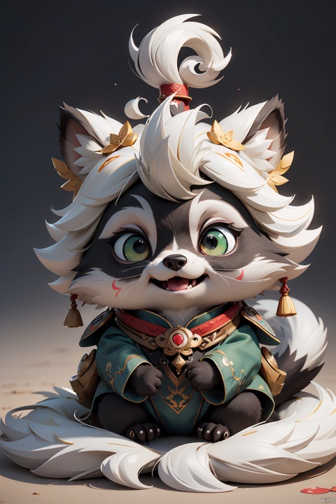  masterpiece, best quality, the mountain sea by worry-free beast fiphil, looks like a raccoon dog, cat,covered with hymes, with a white tail, The body is white, with green and yellow claws extending from the end of the mane. There is a mysterious mark in the center of the forehead