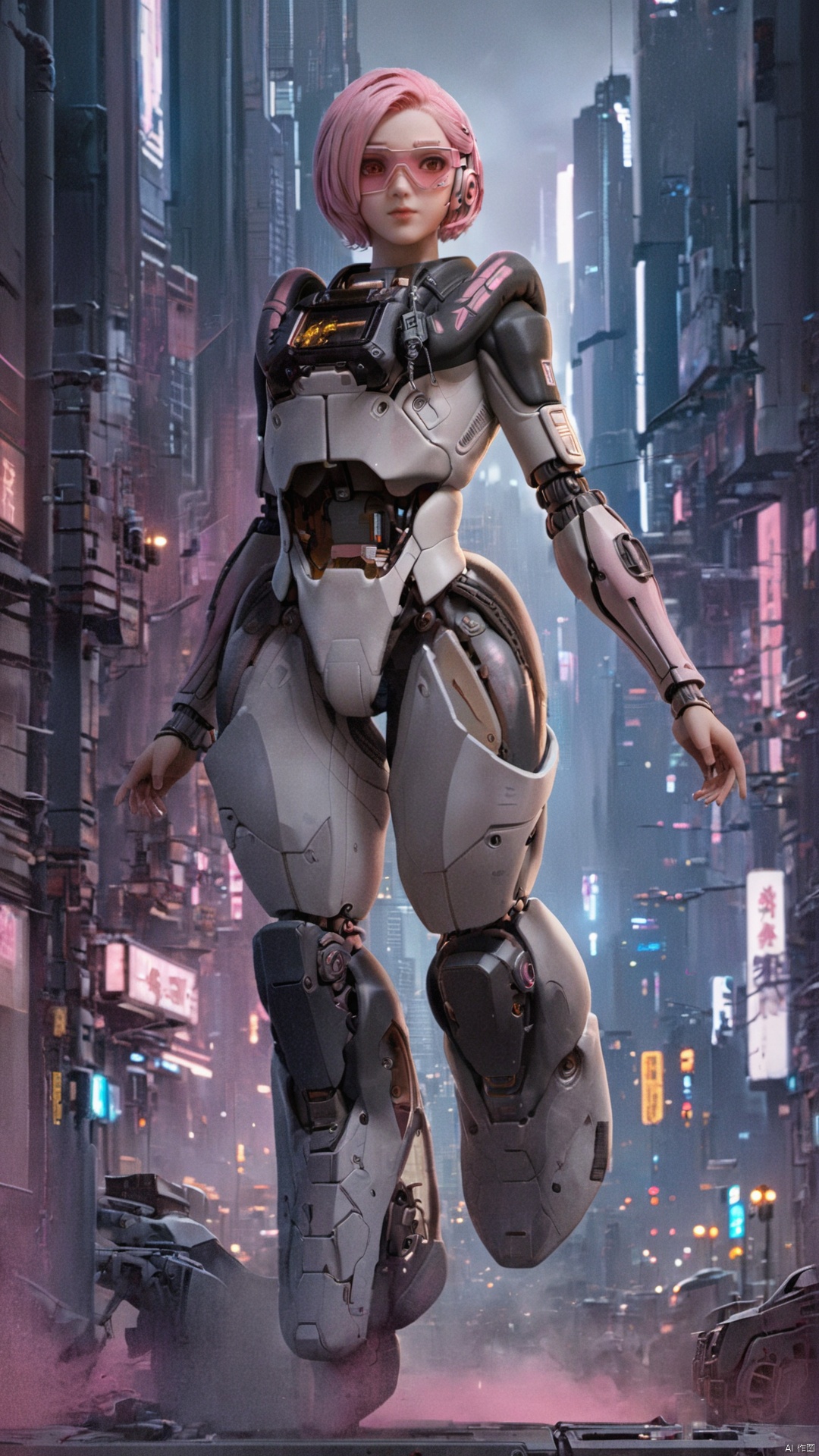  1 girl, solo, short hair, pink split short hair, pink eyes, elegant, sci-fi style, pink hair, bodysuit, cyberpunk style, wearing a white mech and pink goggles,Cyberpunk's urban night view, towering buildings, and polluted atmosphere of lighting