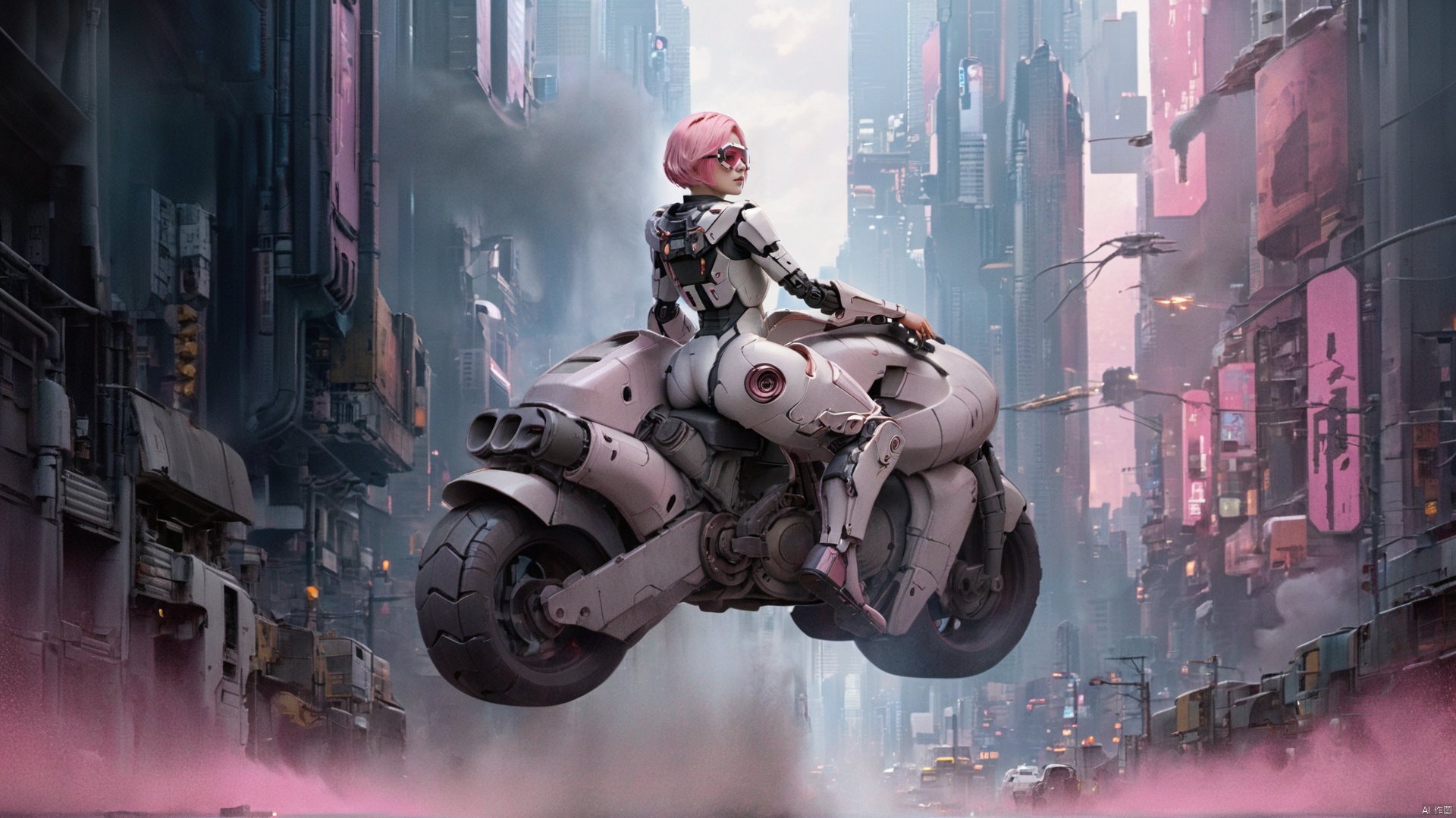  1 girl, solo, short hair, pink split short hair, pink eyes, elegant, sci-fi style, pink hair, bodysuit, cyberpunk style, (wearing a white mech and pink goggles:1.2)
,Immersed in an open wilderness, towering buildings in the cyberpunk style remain in place, causing dazzling pollution