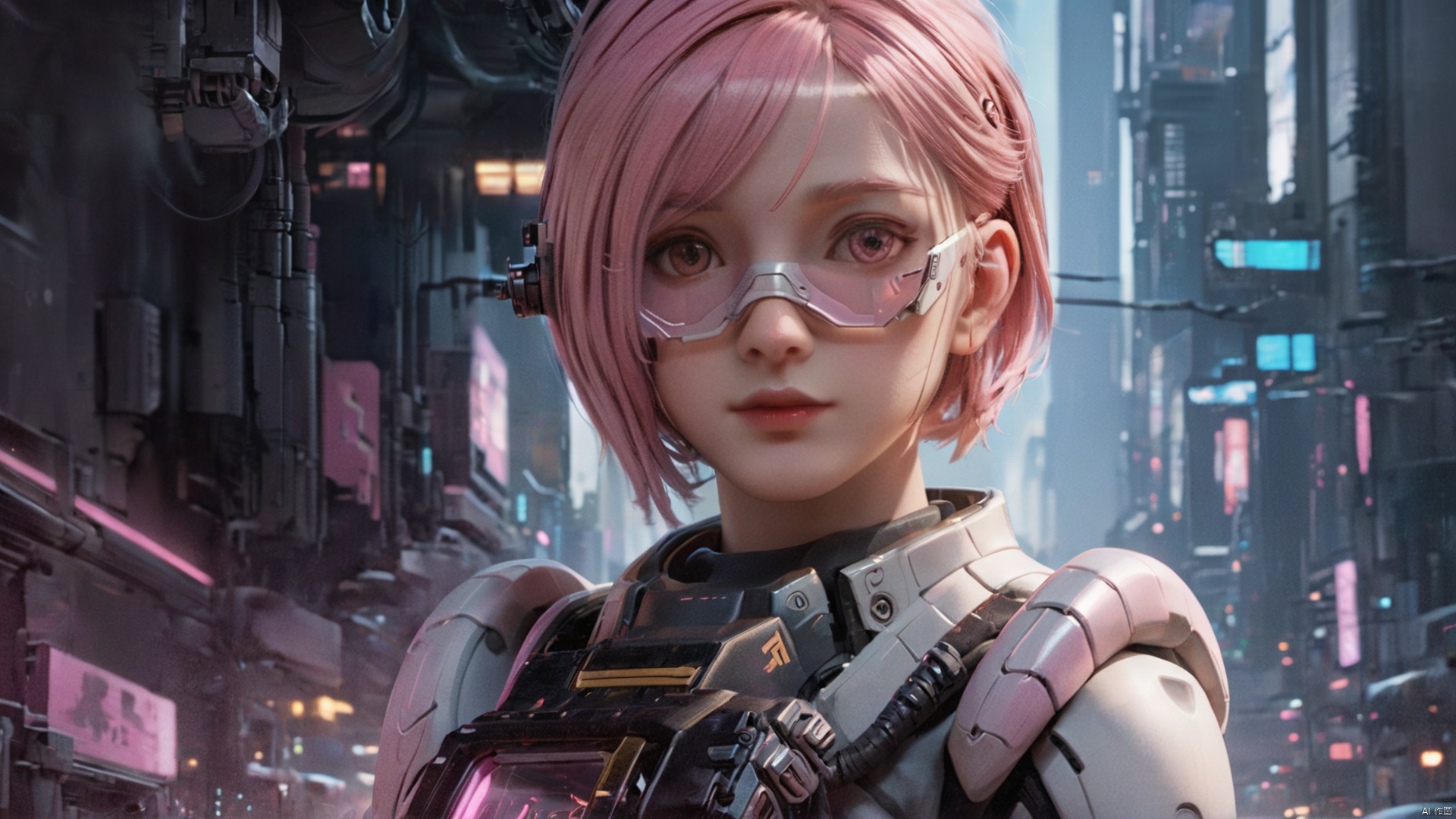  (masterpiece, top quality, best quality, beautiful and aesthetic:1.2),photo realistic, cinematic scene,advanced digital art,cyberpunk,lens flare,atmosphere,glow,detailed,intricate,1 girl, solo, short hair, pink split short hair, pink eyes, elegant, sci-fi style, pink hair, bodysuit, cyberpunk style, wearing a white mech and pink goggles,Immersed in an open wildernessThe towering buildings in the distance are faintly visible, Lida