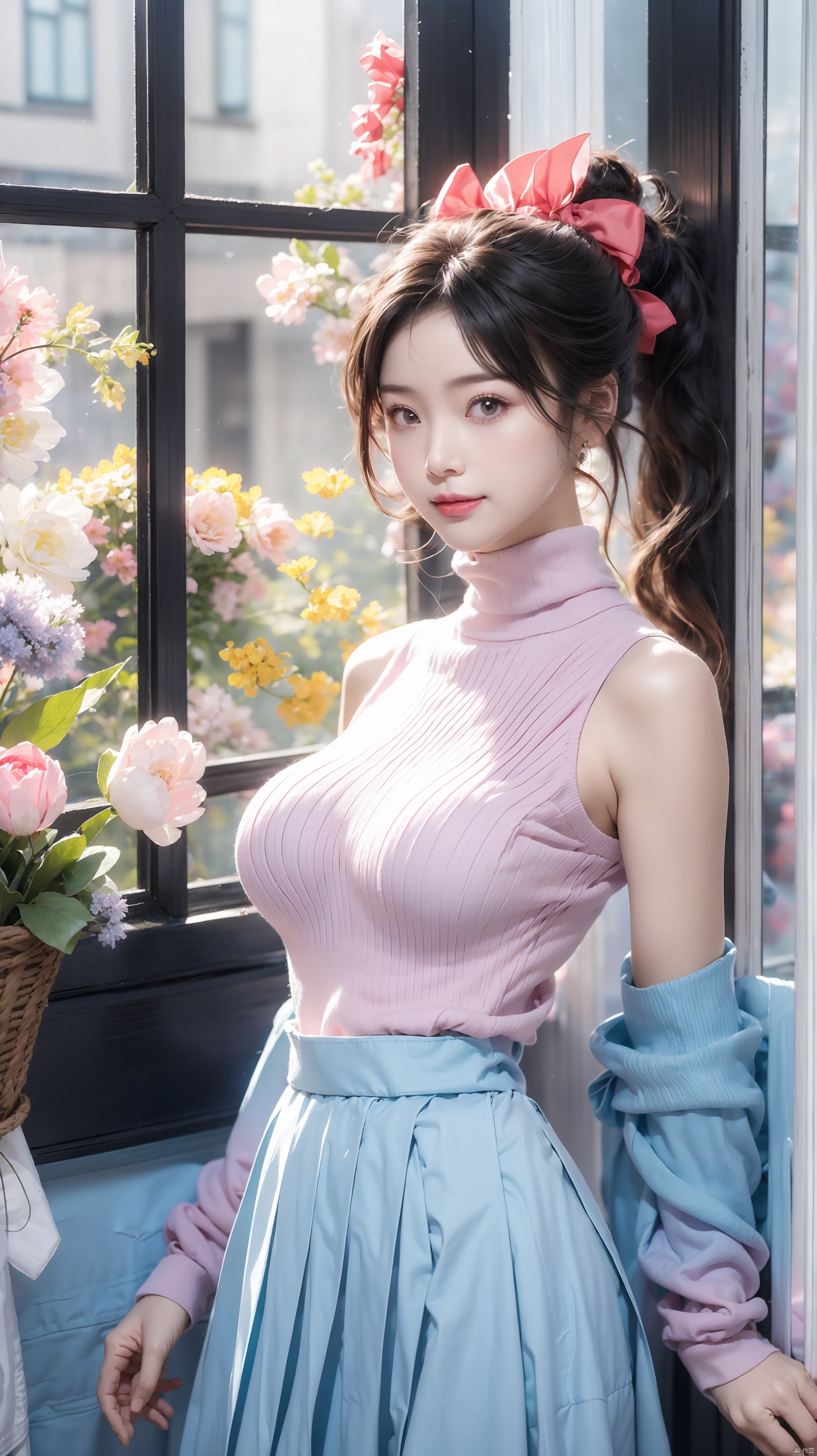  1girl,solo,very long hair,(High ponytail, blue bow, red ribbon:1.2),standing,closed mouth,expressionless,smile,looking at viewer,day,sunlight,(large breasts:1.66),
BREAK
virgin killer sweater,plush sweater,(pink|blue gradient turtleneck sweater:1.3),((sideboob)),leaning forward, depth of field,(There is a spring scene outside the window:1.36),(flowers:1.36),(sweater pleated skirt:1.2), qiqiu, Fashion Style, xiqing